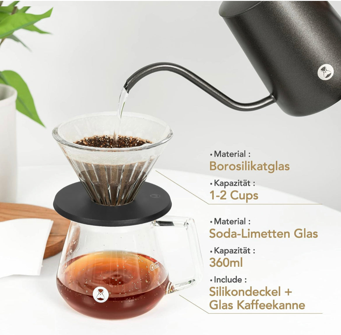 Timemore Pour Over Set - C3 Chestnut Pro Kaffeemühle, Gooseneck Kettle, Filterhalter und Glaskaraffe - Coffee Coaching Club