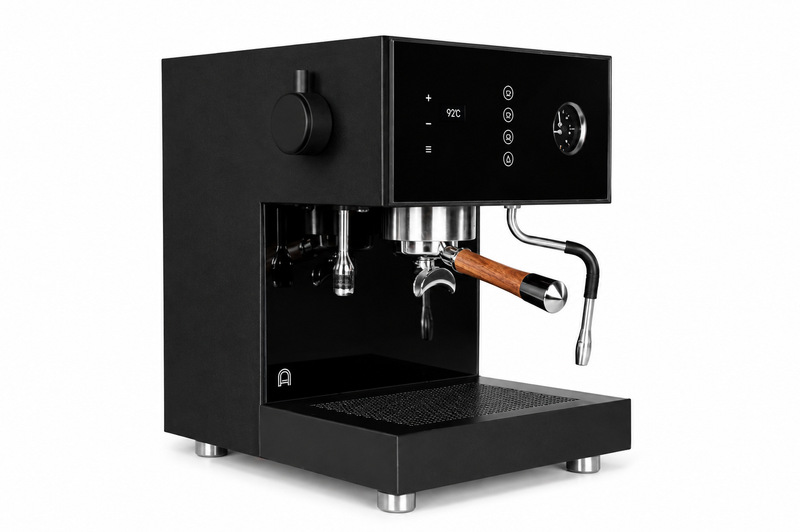 Arkel Tide dual boiler espresso machine in black with touchscreen, pressure gauge and wooden steam wand handle