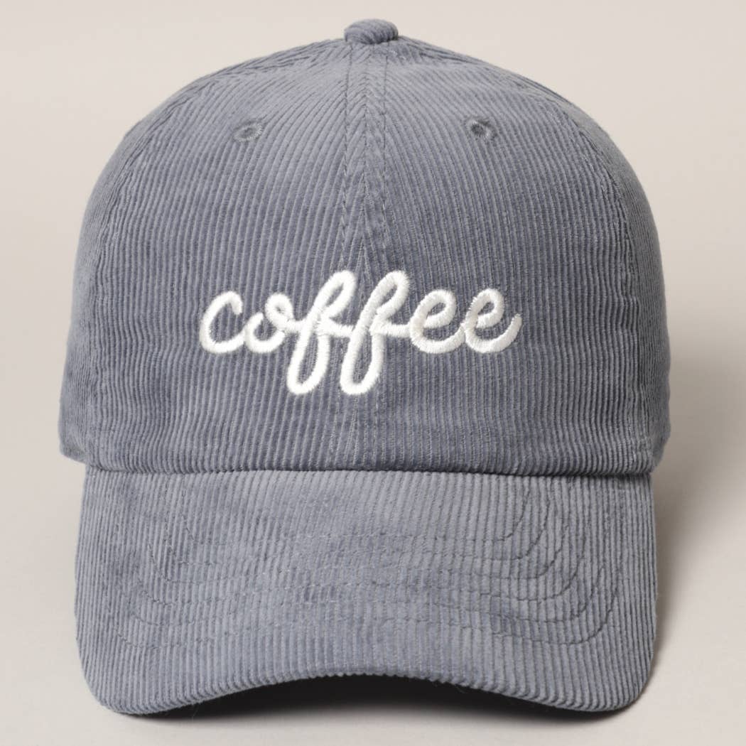 Gorra de pana azul grisáceo con bordado blanco «coffee», vista frontal