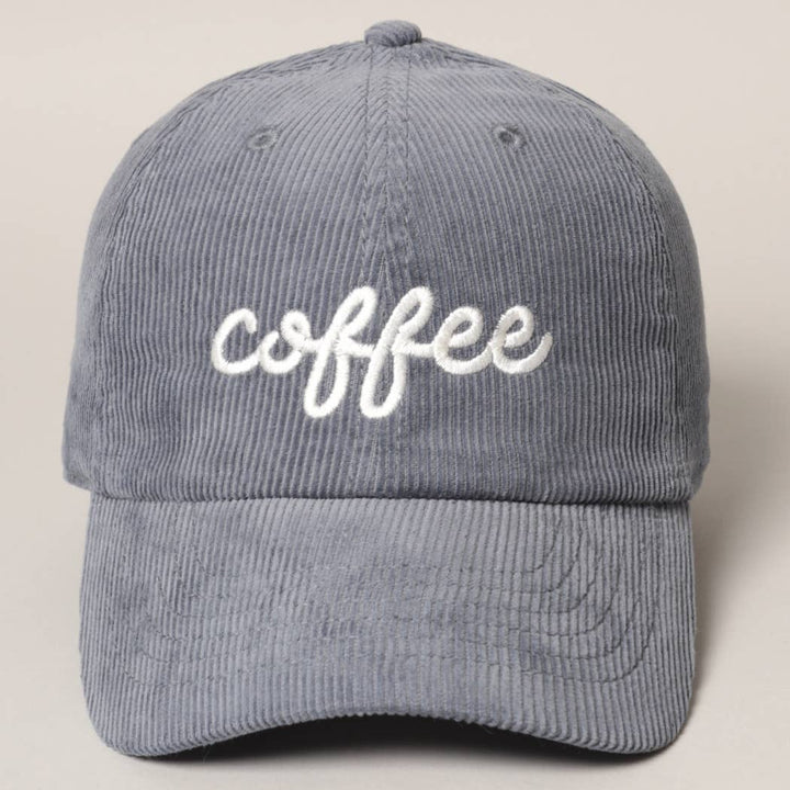 Gorra de pana azul grisáceo con bordado blanco «coffee», vista frontal