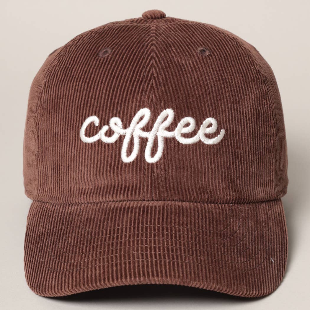 Gorra de pana marrón oscuro con bordado blanco «coffee», vista frontal
