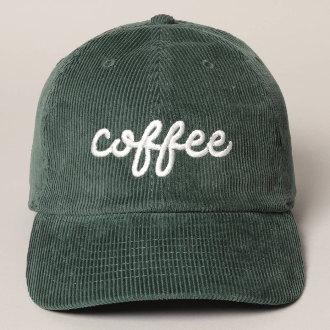 Gorra de pana verde oscuro con bordado blanco «coffee», vista frontal
