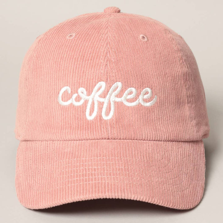 Gorra de pana rosa con bordado blanco «coffee», vista frontal