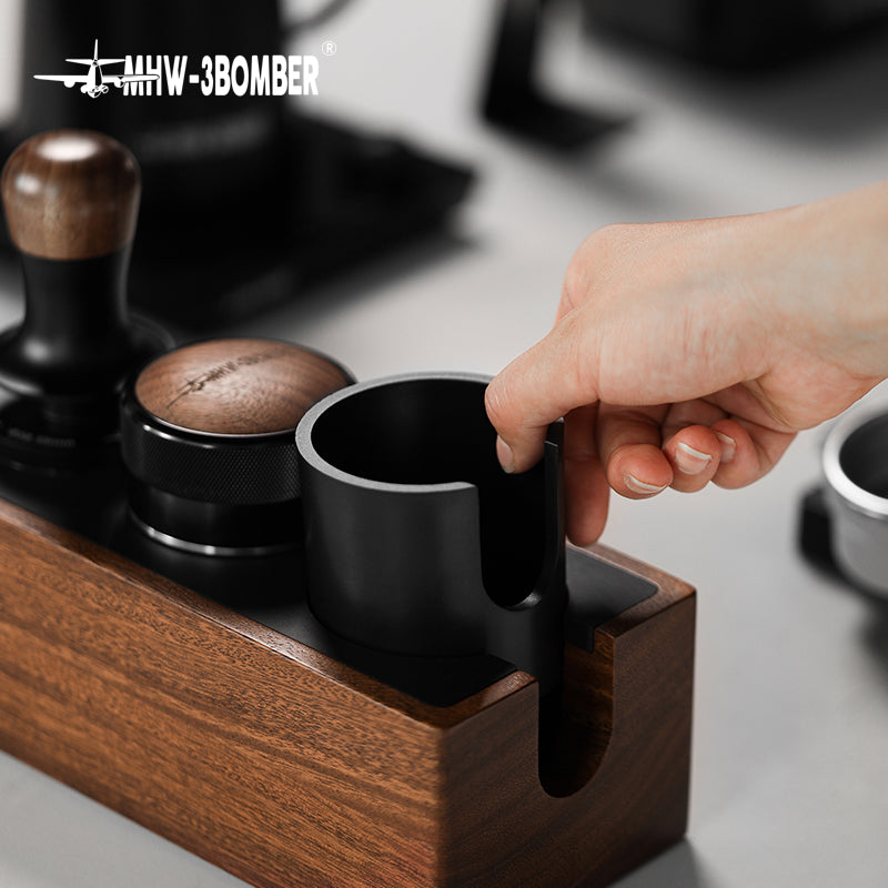 MHW-3BOMBER multifunctional portafilter holder tamping station in walnut with black (Walnut/Black) with dosing cup in the portafilter recess