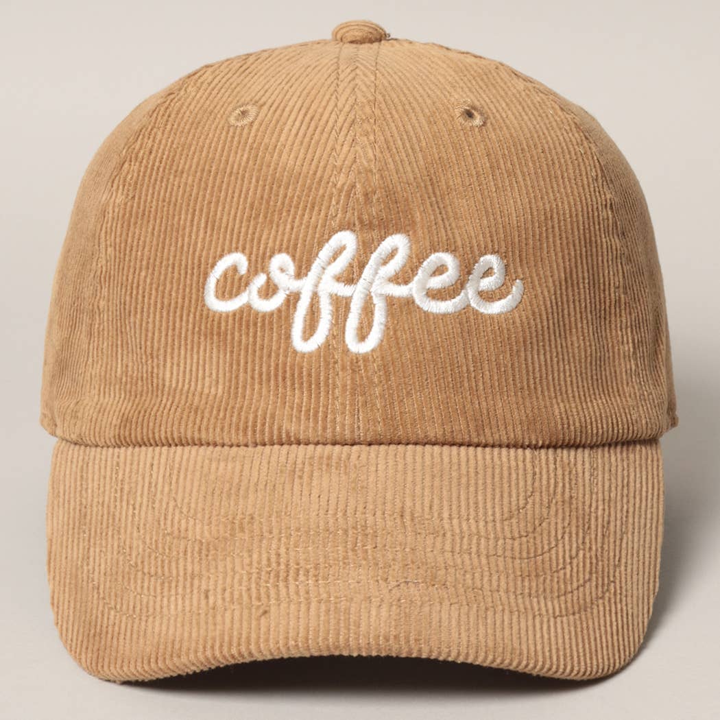 Gorra de pana tan con bordado blanco «coffee» en cursiva, vista frontal