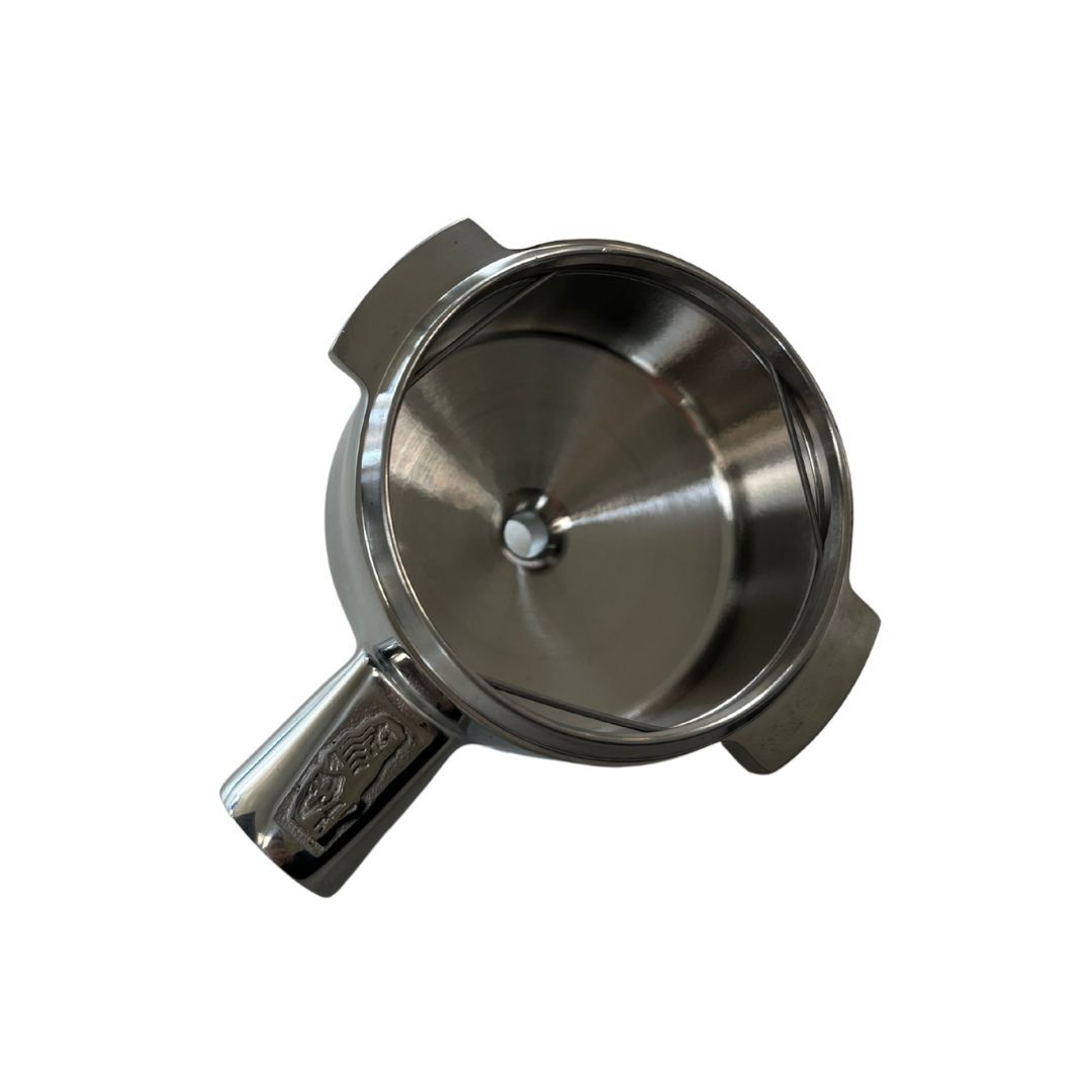 Original La Marzocco Siebträger-Körper von oben, verchromter Korpus mit Griff und Löwen-Prägung, ohne Sieb