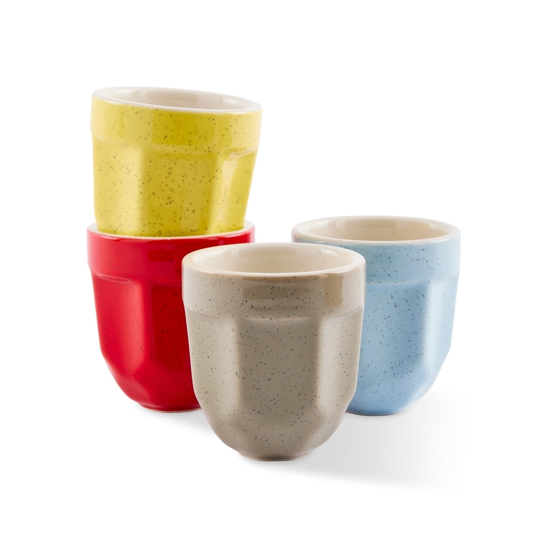 POLSPOTTEN x La Marzocco Espressotassen-Set Polygon, 4 Tassen in Gelb, Rot, Hellblau und Taupe