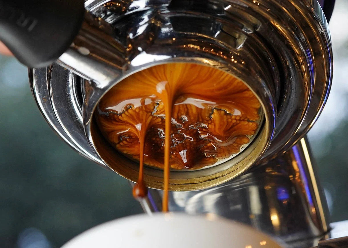 Comparatif machines et moulins – Espresso coulant d'un porte-filtre sans fond dans une tasse blanche – Coffee Coaching Club