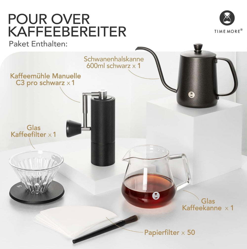 Timemore Pour Over Set - C3 Chestnut Pro Kaffeemühle, Gooseneck Kettle, Filterhalter und Glaskaraffe - Coffee Coaching Club