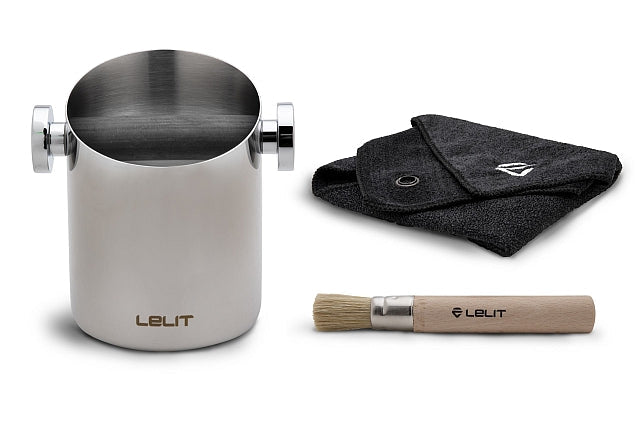 Lelit Abschlagbox aus Edelstahl mit Tuch und Bürste