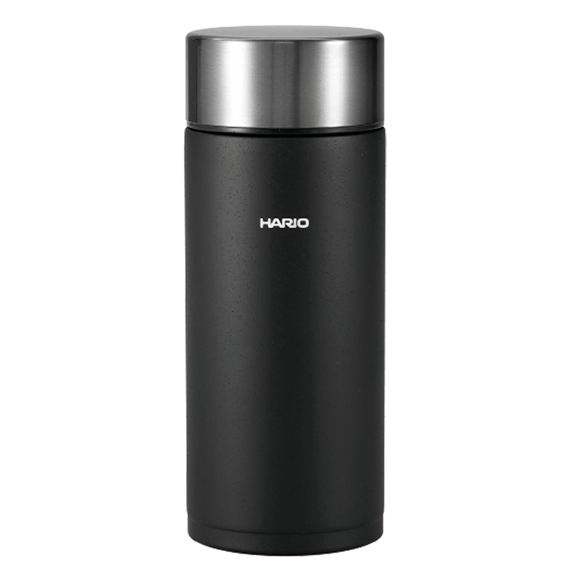 Bouteille isotherme Hario Stick Bottle 350 ml en noir (Black) avec corps mat et bouchon en acier inoxydable brossé