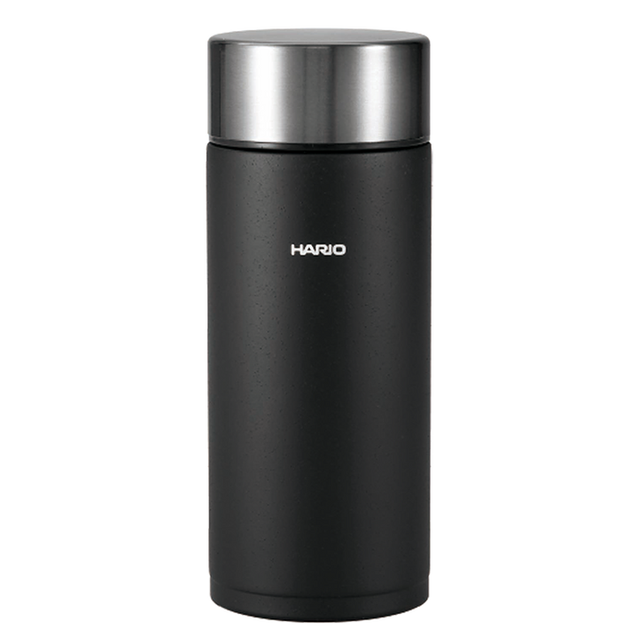 Bouteille isotherme Hario Stick Bottle 350 ml en noir (Black) avec corps mat et bouchon en acier inoxydable brossé