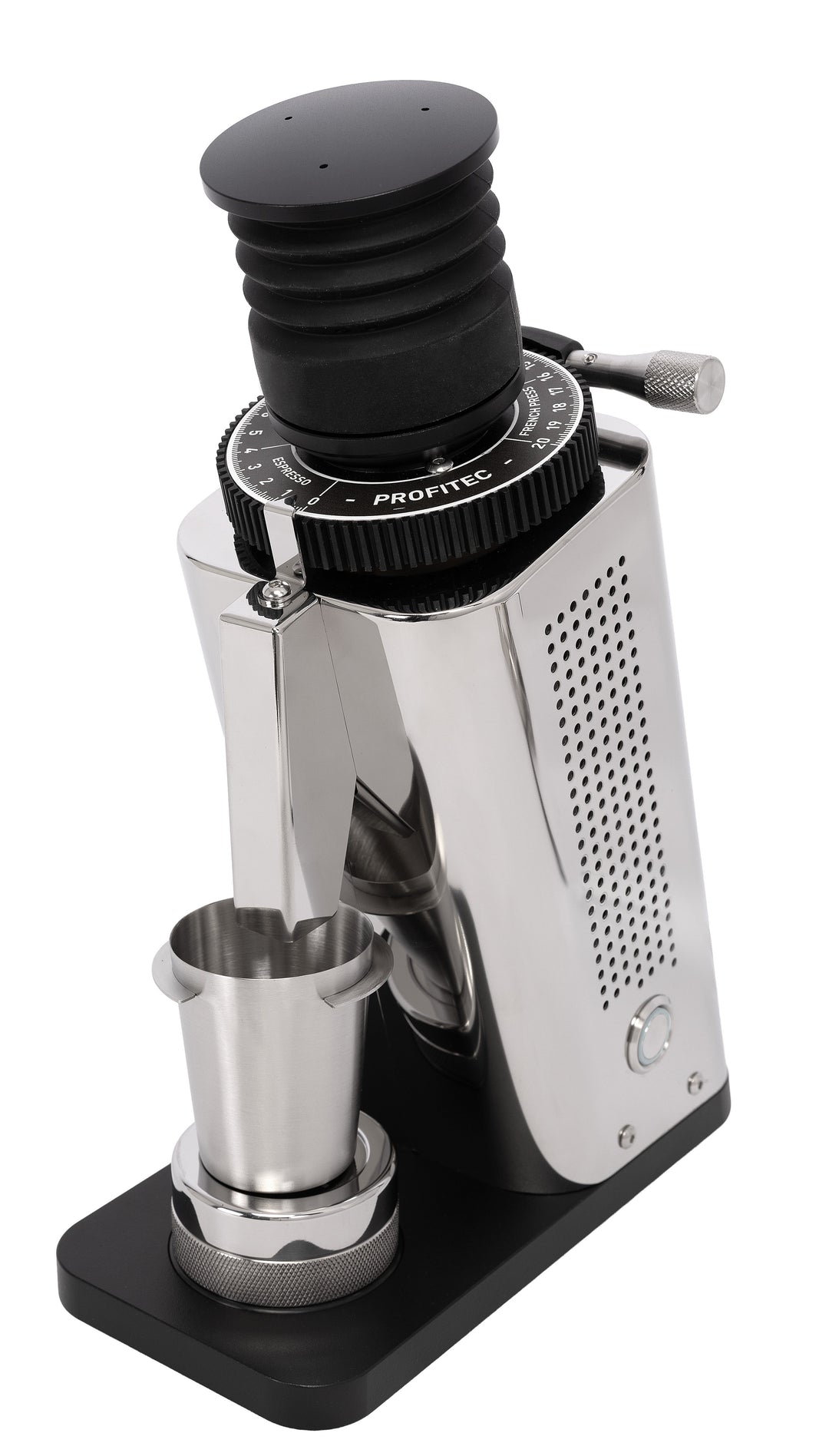 Profitec TWIST SD54 Single Dose Espressomühle in poliertem Edelstahl, Schrägansicht