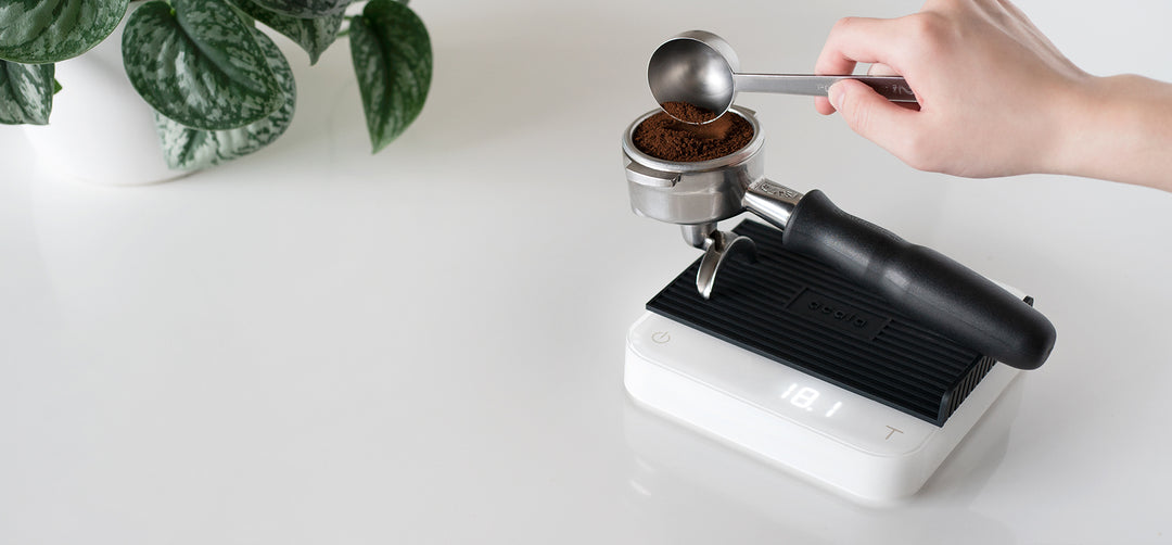 Acaia Pearl Weiss mit Siebträger beim Dosieren – Coffee Coaching Club 10
