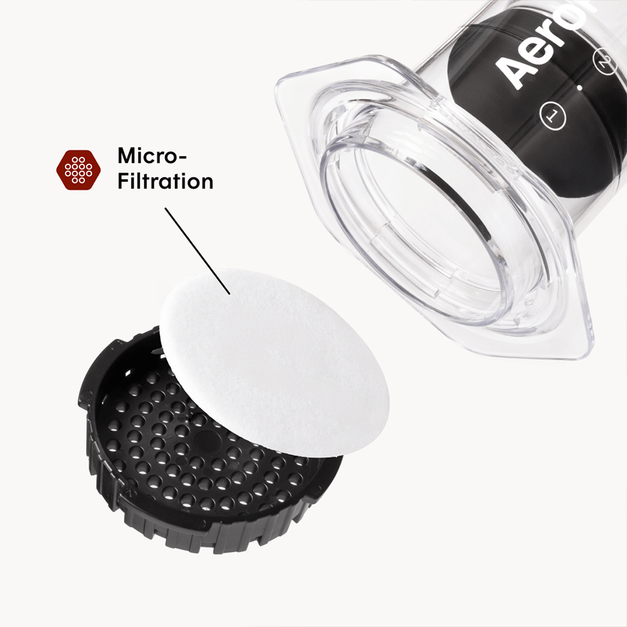 AeroPress Clear Filterkappe mit Papierfilter, Beschriftung Micro-Filtration – Coffee Coaching Club 26