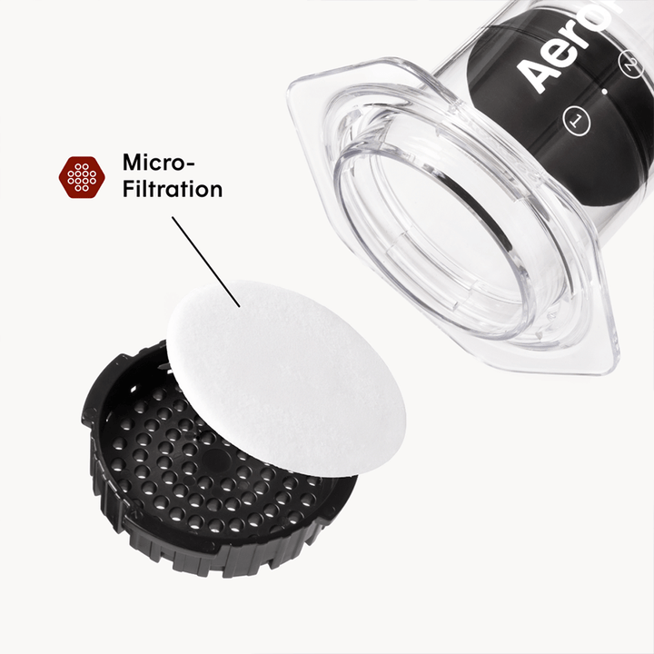 AeroPress Clear Filterkappe mit Papierfilter, Beschriftung Micro-Filtration – Coffee Coaching Club 26
