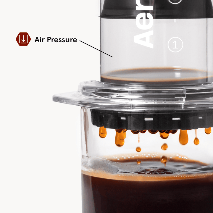 AeroPress Clear Nahaufnahme, Kaffee tropft in den Glasbecher, Beschriftung Air Pressure – Coffee Coaching Club 27
