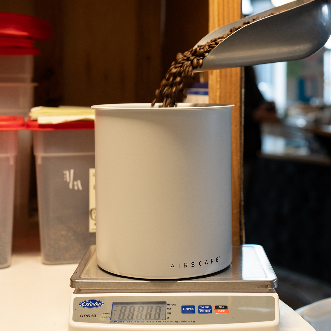 Airscape Kilo 1 kg Kaffeedose auf einer Waage, Kaffeebohnen werden eingefüllt – Coffee Coaching Club 2