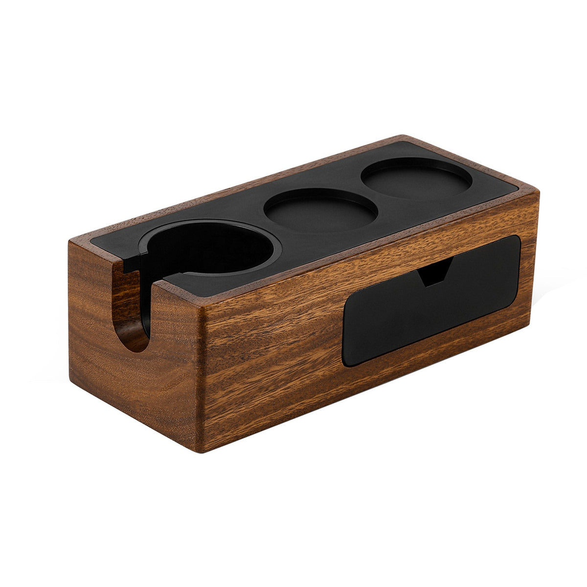 MHW-3BOMBER multifunctional portafilter holder tamping station in walnut with black (Walnut/Black) with three recesses and magnetic drawer