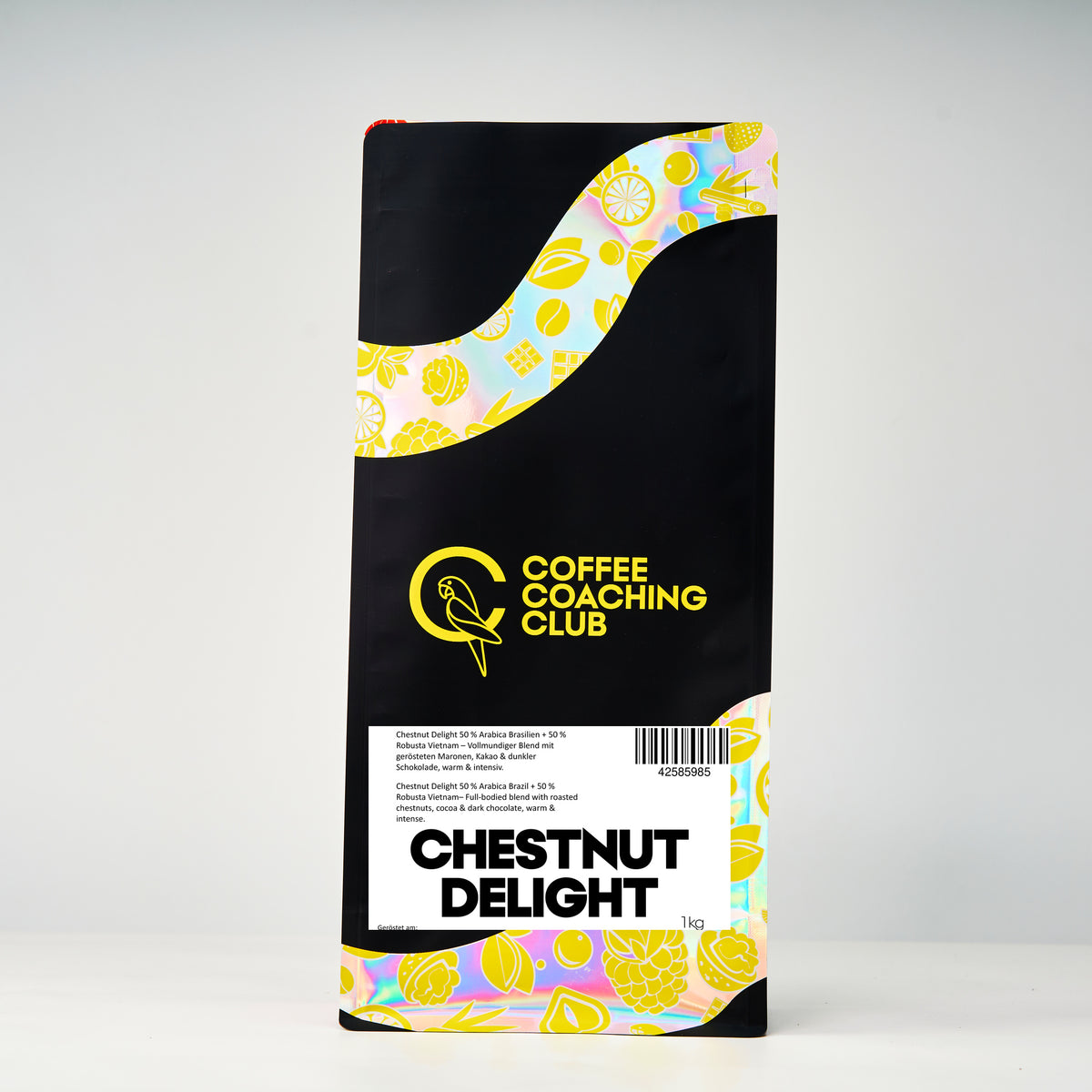 Blend di caffè Chestnut Delight 1 kg – 50 % Arabica dal Brasile, 50 % Robusta dal Vietnam, castagne, cacao e cioccolato fondente – sacchetto Coffee Coaching Club
