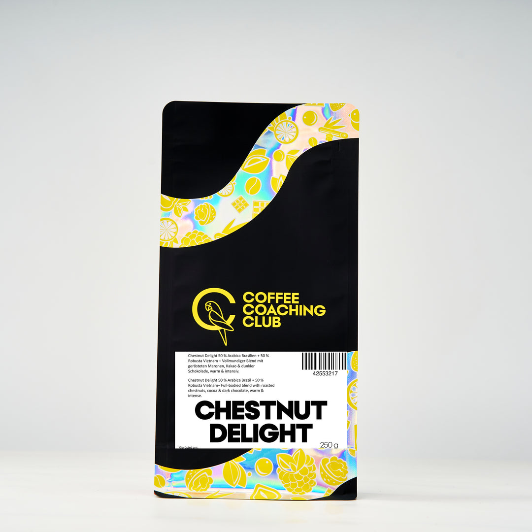 Blend di caffè Chestnut Delight 250 g – 50 % Arabica dal Brasile, 50 % Robusta dal Vietnam, castagne, cacao e cioccolato fondente – sacchetto Coffee Coaching Club