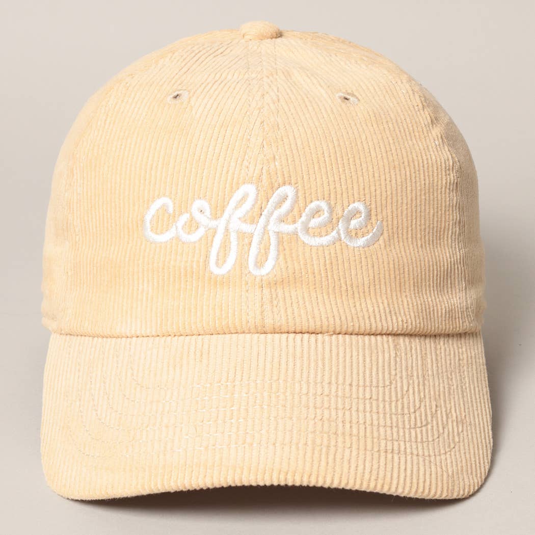 Gorra de pana beige con bordado blanco «coffee», vista frontal