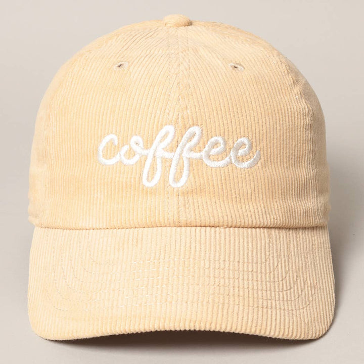 Gorra de pana beige con bordado blanco «coffee», vista frontal