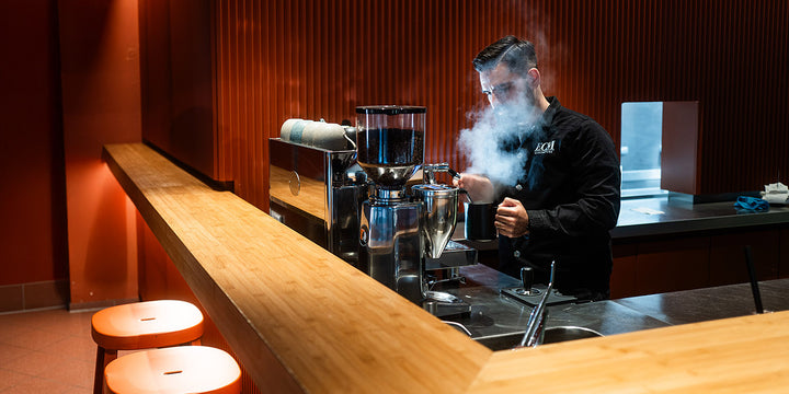ECM Elektronika Profi Due an der Bar, Barista schäumt Milch – Coffee Coaching Club 3