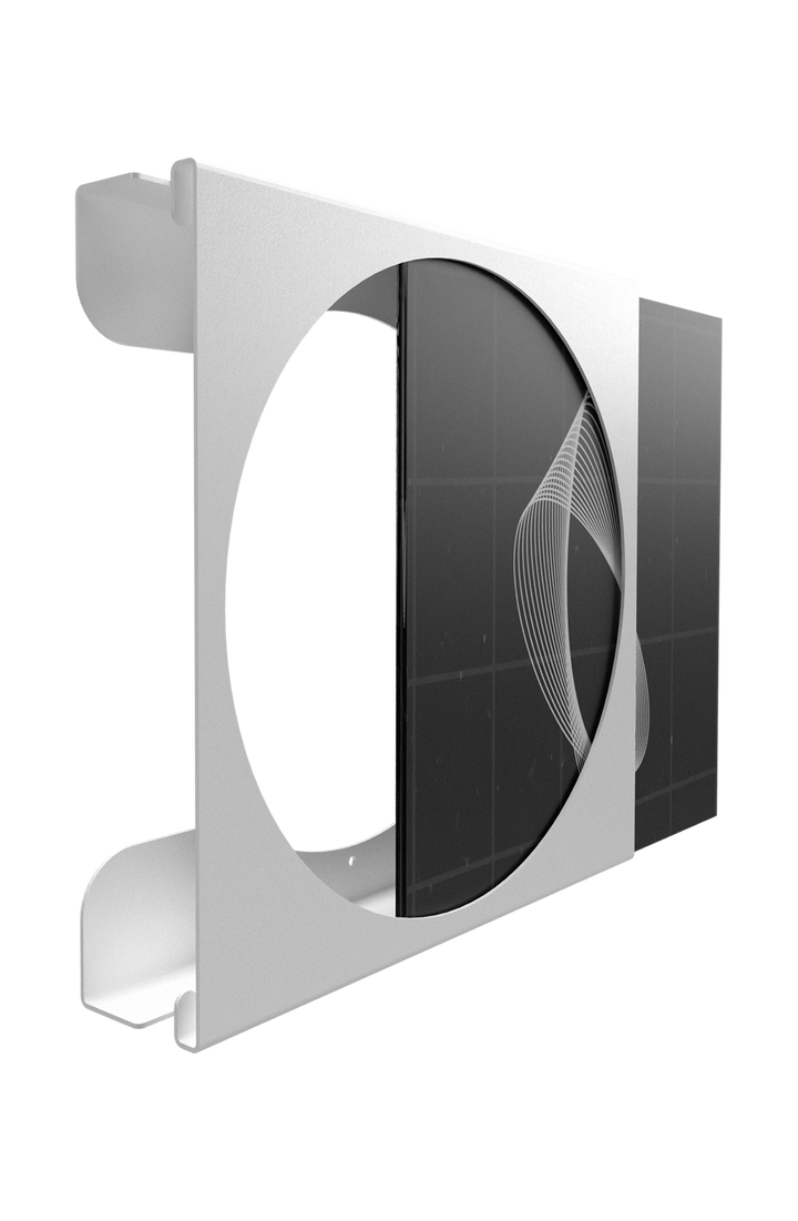 FLATE Schallplatten Wandhalterung Round Weiss mit Schallplatte, Detailansicht von Einschubfach und Seitenwangen – Coffee Coaching Club 12