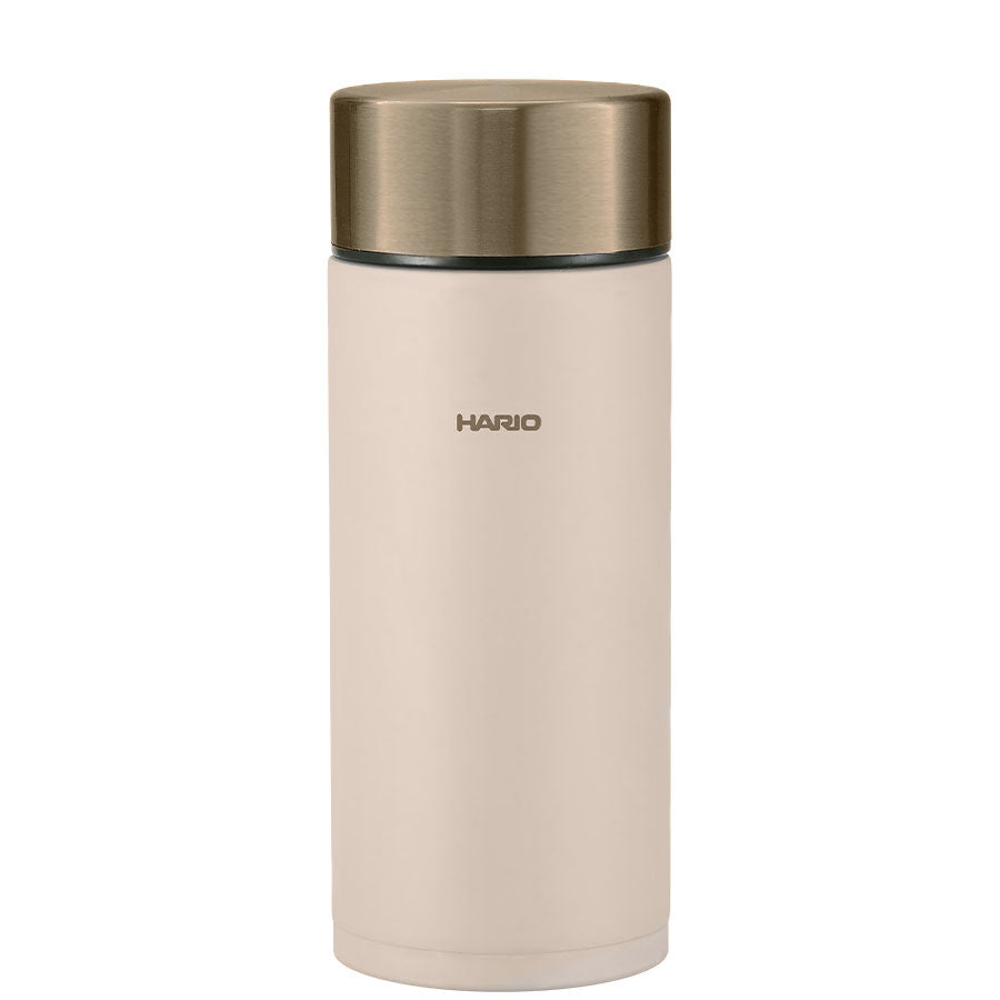 Bouteille isotherme Hario Stick Bottle 350 ml en or rosé (Rose Gold) avec corps beige et bouchon à vis or rosé