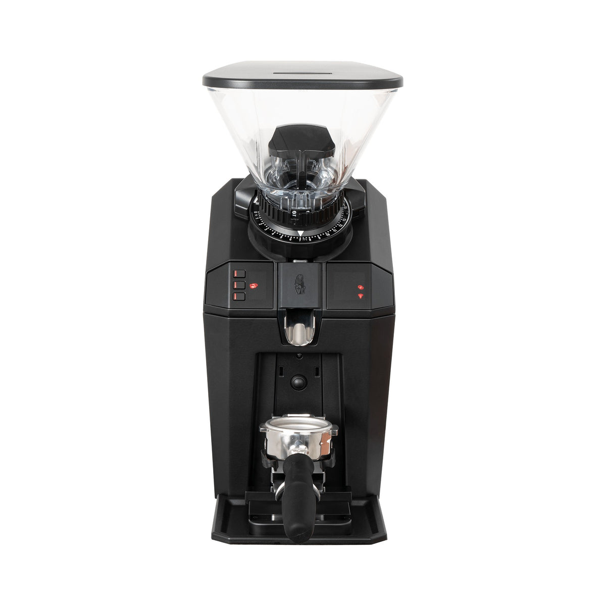 La Marzocco Jay Espressomühle schwarz mit Bohnenbehälter und Siebträger, Frontansicht – Coffee Coaching Club