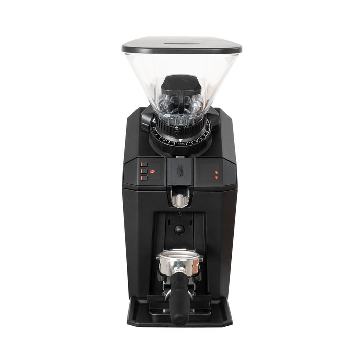 La Marzocco Jay Espressomühle schwarz mit Bohnenbehälter und Siebträger, Frontansicht – Coffee Coaching Club