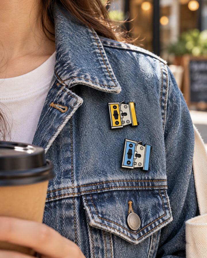 Pin’s La Marzocco Machine à espresso Jaune et Bleu clair sur une veste en jean – Coffee Coaching Club 7