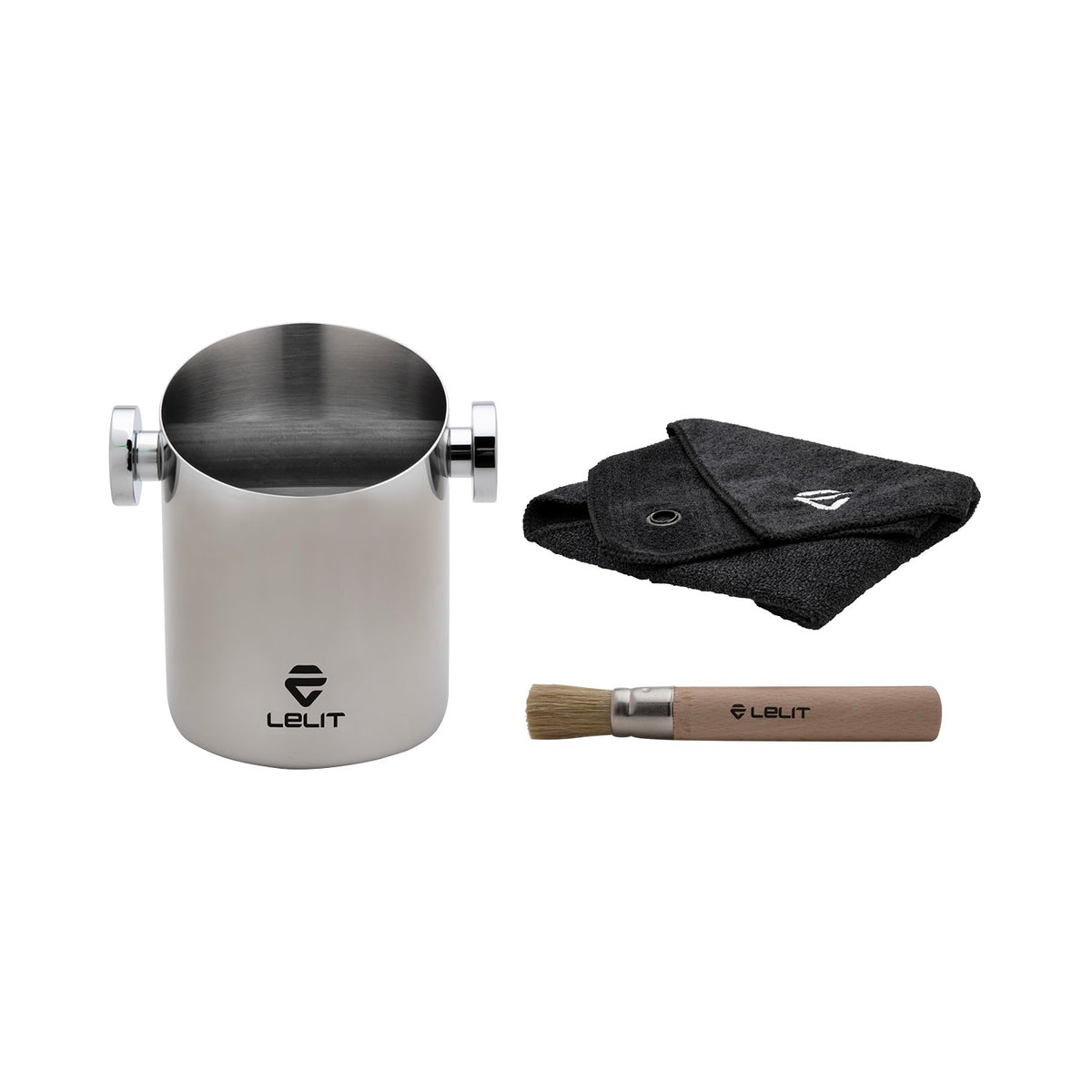 Lelit Abschlagbox Edelstahl mit Mikrofasertuch und Holzpinsel (PLA360S) – Coffee Coaching Club