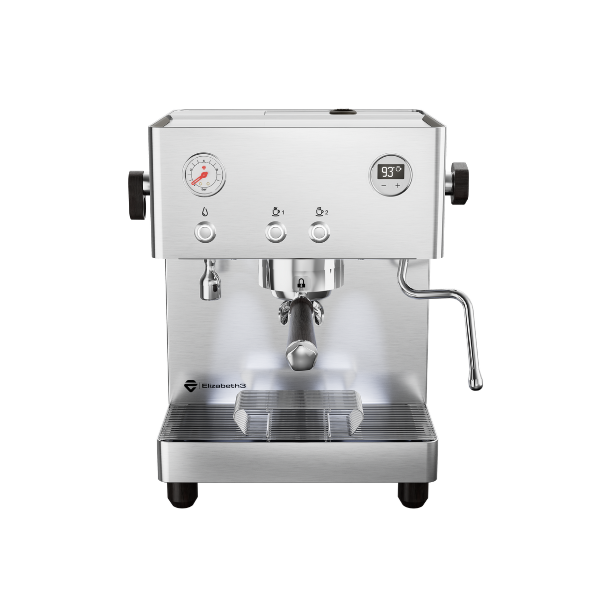 Lelit Elizabeth3 inox brossé, vue de face avec manomètre et écran OLED – Coffee Coaching Club 2