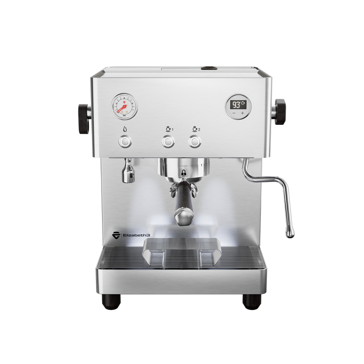 Lelit Elizabeth3 inox brossé, vue de face avec manomètre et écran OLED – Coffee Coaching Club 2