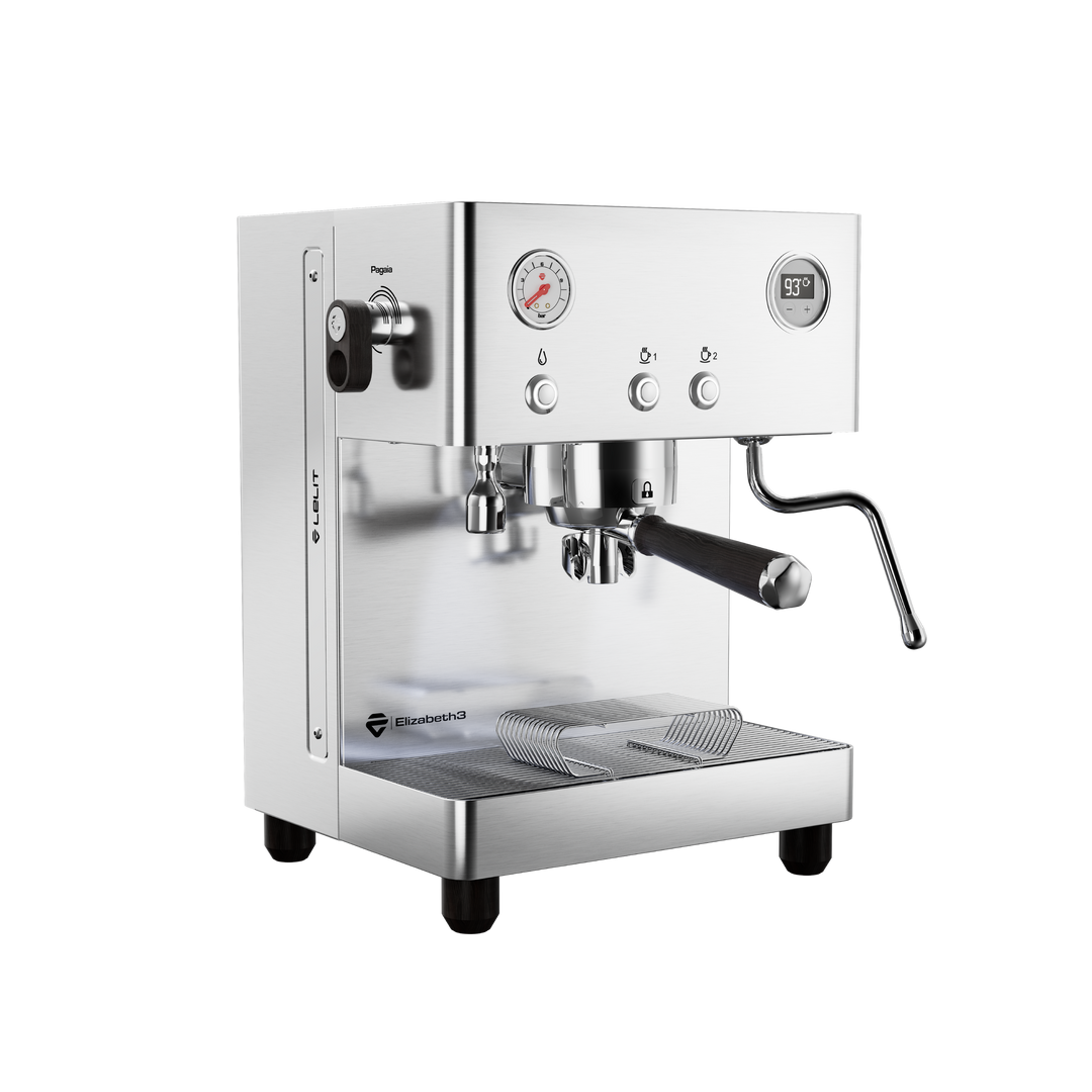 Lelit Elizabeth3 PL92T3 inox brossé avec chêne fumé, vue de trois quarts avant – Coffee Coaching Club 1
