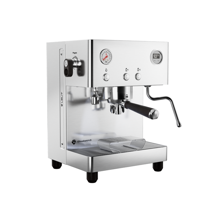 Lelit Elizabeth3 PL92T3 inox brossé avec chêne fumé, vue de trois quarts avant – Coffee Coaching Club 1