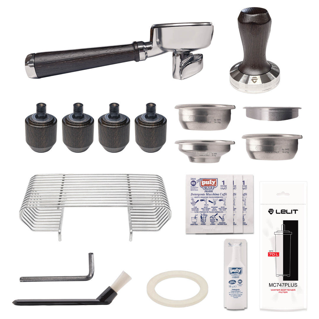 Lelit Elizabeth3, contenu de la livraison de la finition inox avec chêne fumé – Coffee Coaching Club 17