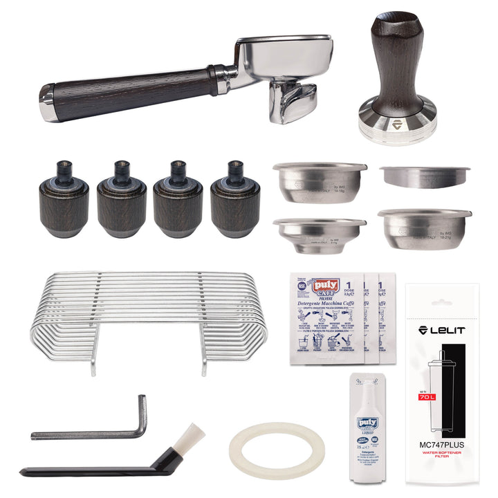 Lelit Elizabeth3, contenu de la livraison de la finition inox avec chêne fumé – Coffee Coaching Club 17