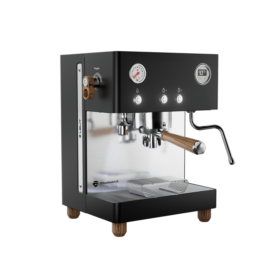 Lelit Elizabeth3 noire avec bois Zebrano, vue de trois quarts avant – Coffee Coaching Club 4