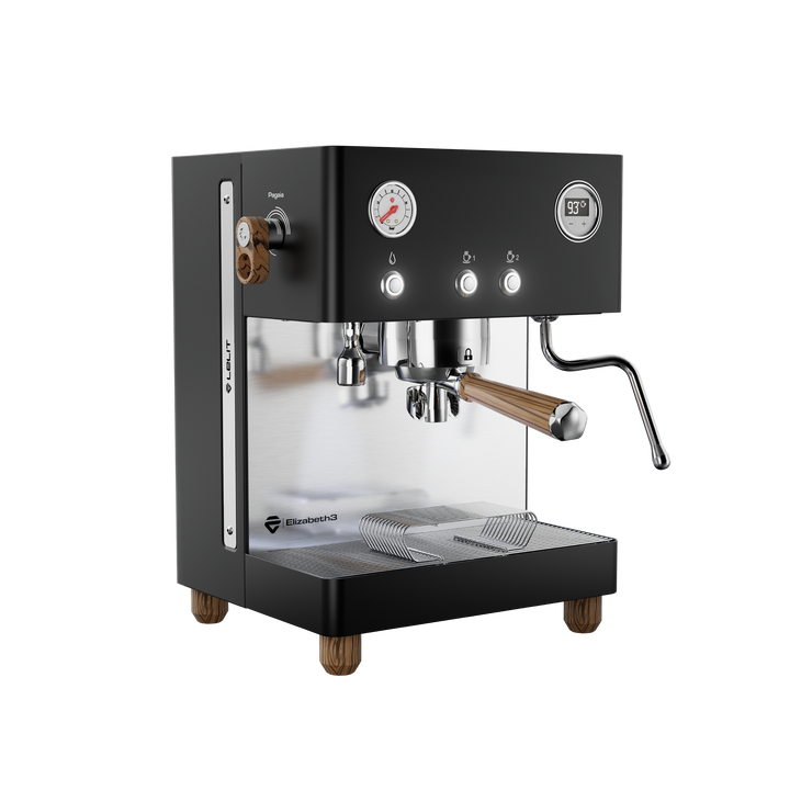 Lelit Elizabeth3 noire avec bois Zebrano, vue de trois quarts avant – Coffee Coaching Club 4