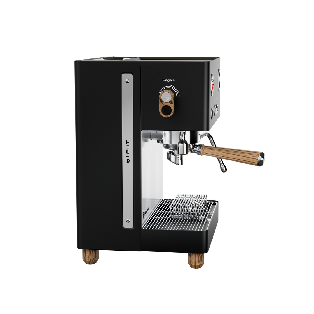 Lelit Elizabeth3 noire, vue latérale avec levier Pagaia en bois Zebrano – Coffee Coaching Club 5