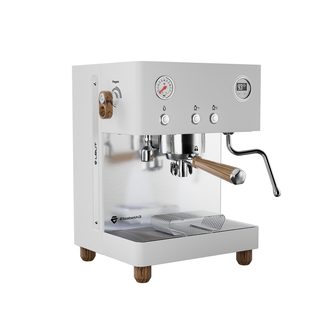 Lelit Elizabeth3 blanche avec bois Zebrano, vue de trois quarts avant – Coffee Coaching Club 6