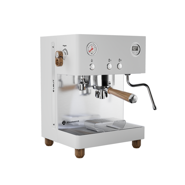 Lelit Elizabeth3 blanche avec bois Zebrano, vue de trois quarts avant – Coffee Coaching Club 6