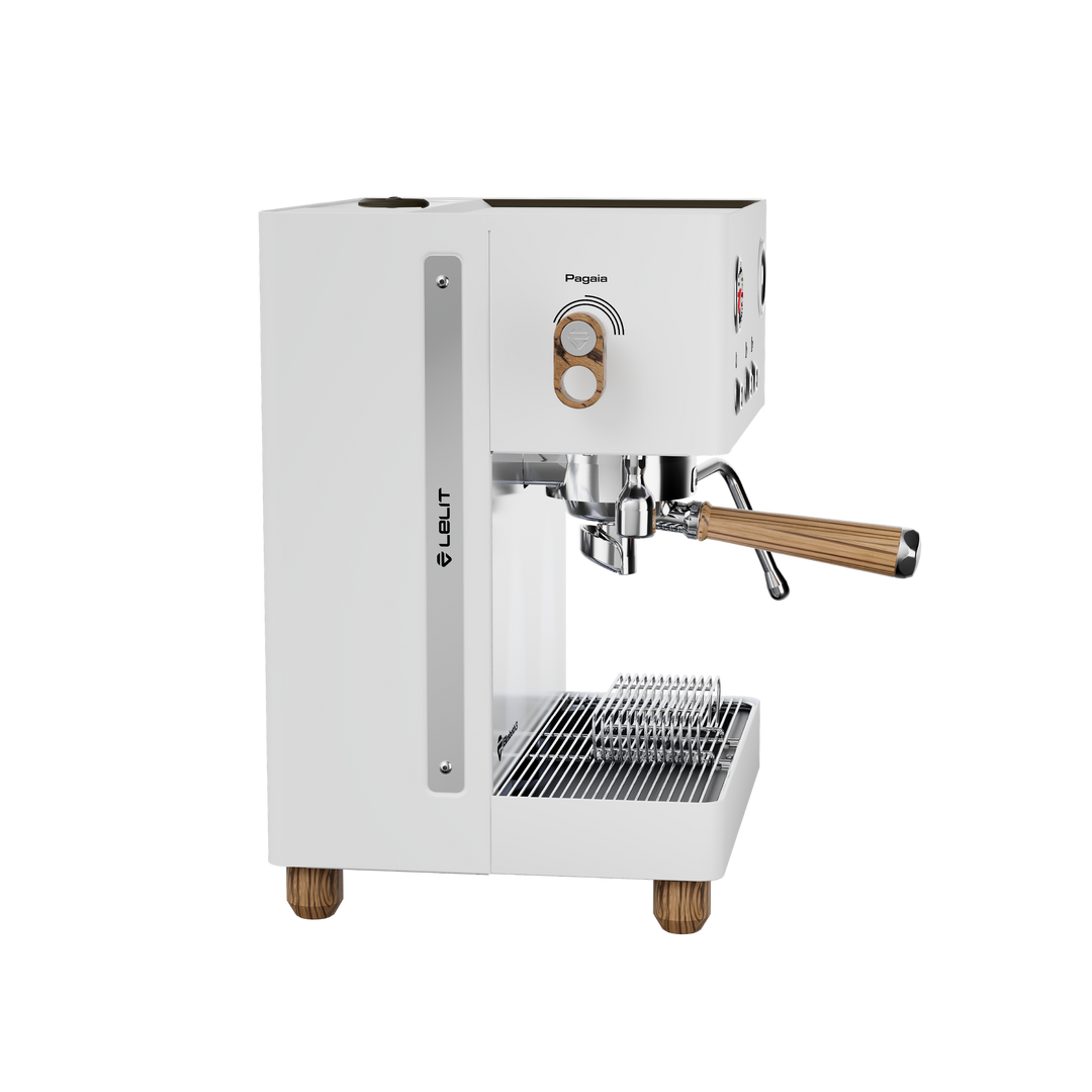 Lelit Elizabeth3 blanche, vue latérale avec levier Pagaia en bois Zebrano – Coffee Coaching Club 7