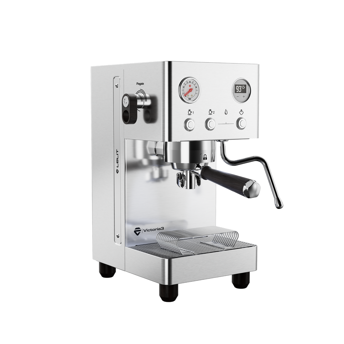Lelit Victoria3 PL91T3 inox brossé avec chêne fumé, vue de trois quarts avant – Coffee Coaching Club 1