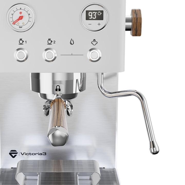 Lelit Victoria3 blanche, lance froide au toucher et porte-filtre avec bois Zebrano – Coffee Coaching Club 14