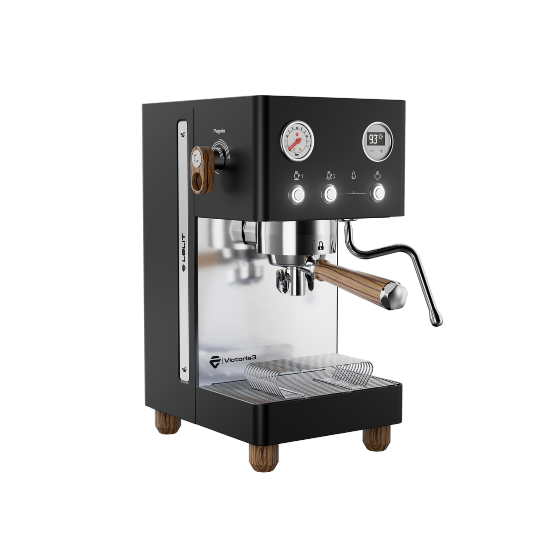 Lelit Victoria3 noire avec bois Zebrano, vue de trois quarts avant – Coffee Coaching Club 4