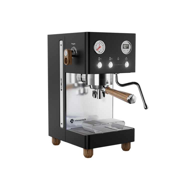 Lelit Victoria3 noire avec bois Zebrano, vue de trois quarts avant – Coffee Coaching Club 4